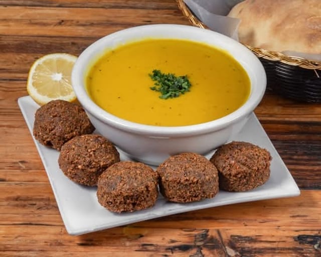 Lentil Soup with Falafel Croutons.